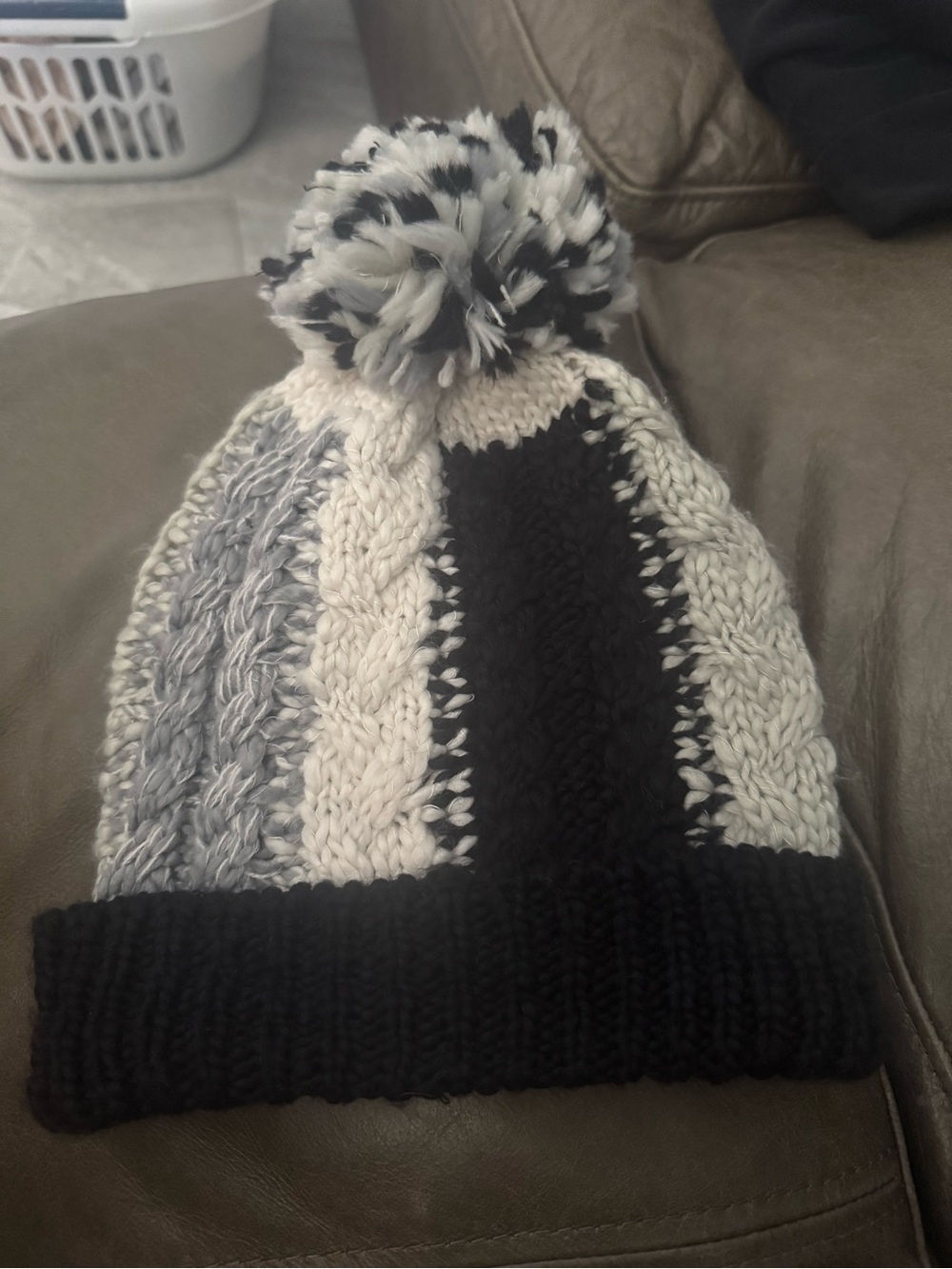 BCBGeneration Black, Gray and Cream Knit Pom Beanie